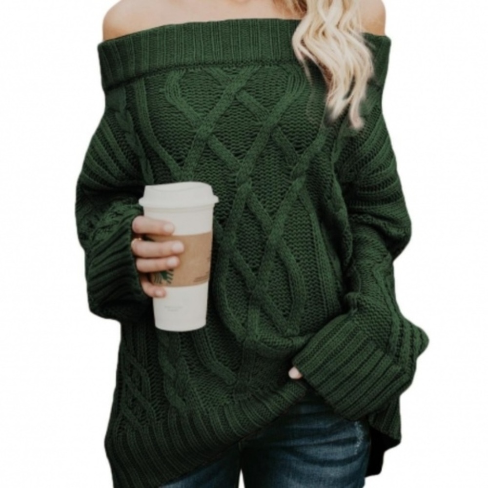 Green Off The Shoulder Winter Sweater